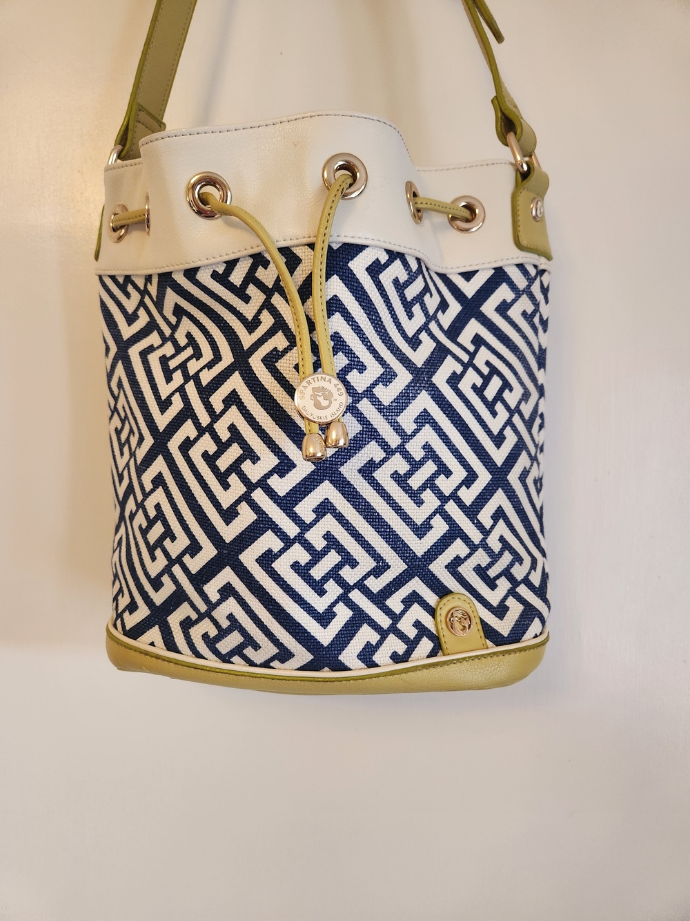 Women’s Navy & White Geometric Bucket Bag with Cream and Olive Trim
